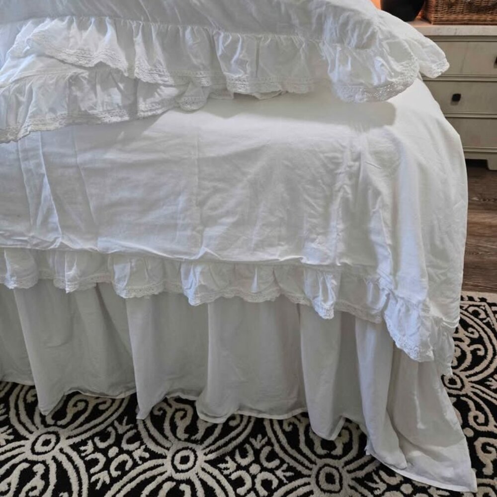 Peacock Alley White Cotton KING Ruffled Duvet Cover & Shams 3PCS Set Shabby Chic